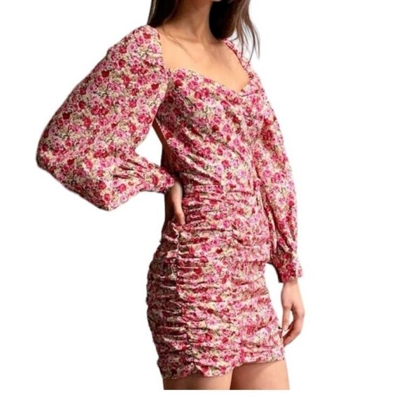 Nasty Gal Floral Print Balloon Sleevee Ruched Mini Dress. Size 6. - Picture 1 of 11
